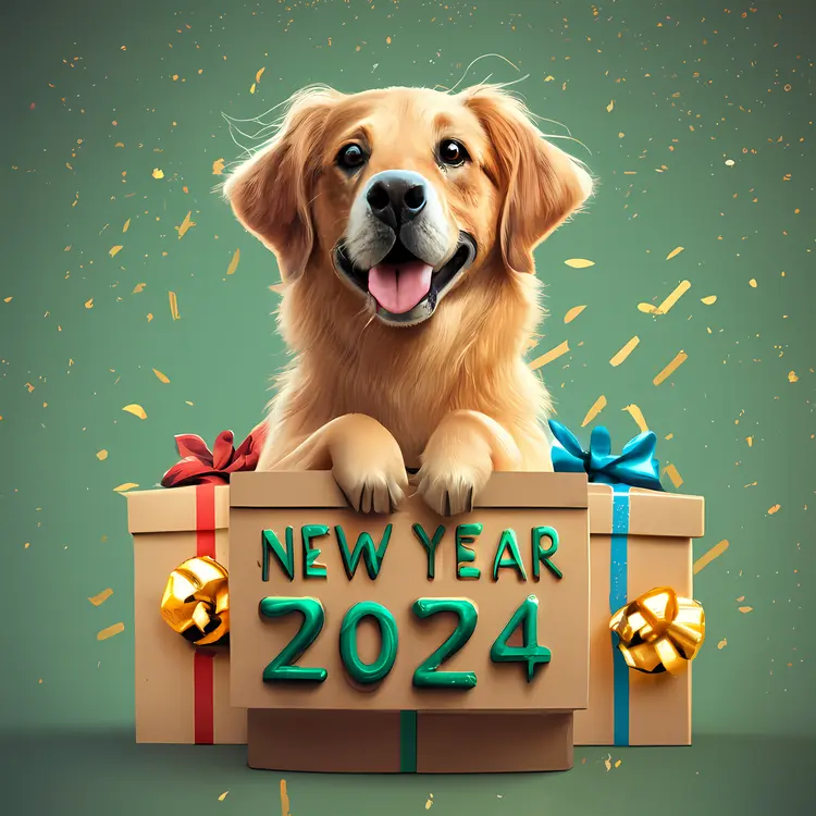 Dog with New Year 2024 Box