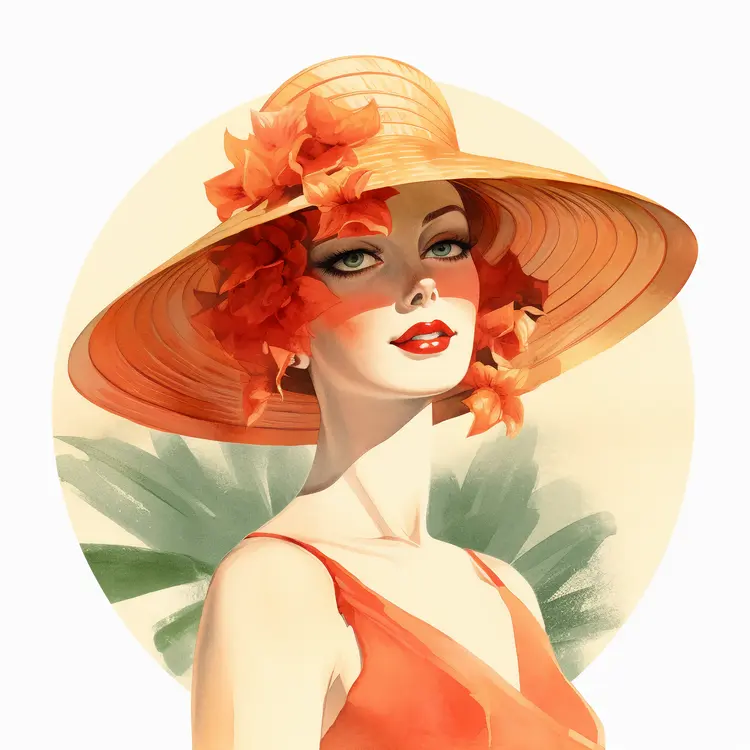 Elegant Woman in Floral Hat and Red Dress