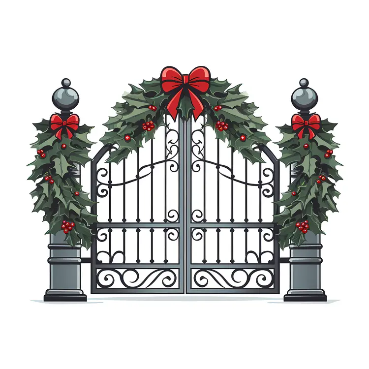 Gate with Christmas Garland and Red Bows