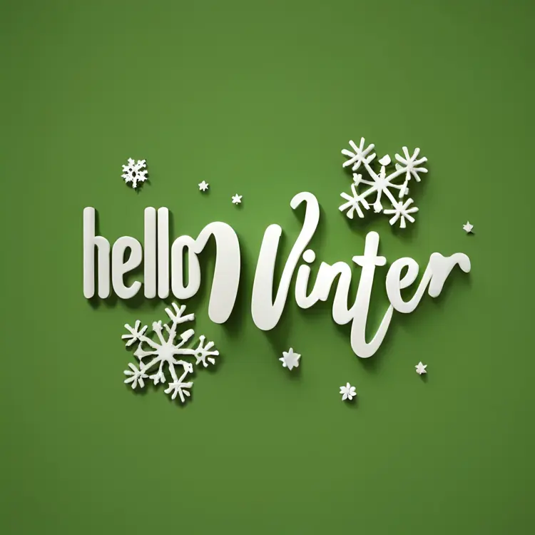 Hello Winter Text with Snowflakes on Green Background