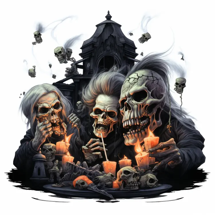 Skeletons with Candles in a Haunted Scene