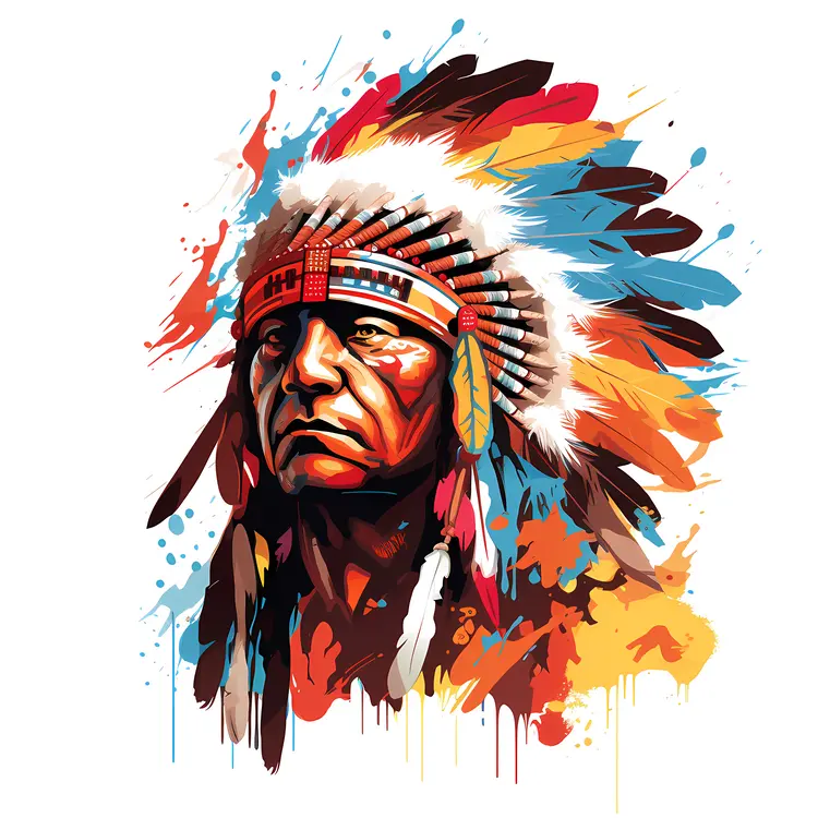 Colorful Portrait of Native American Man with Headdress