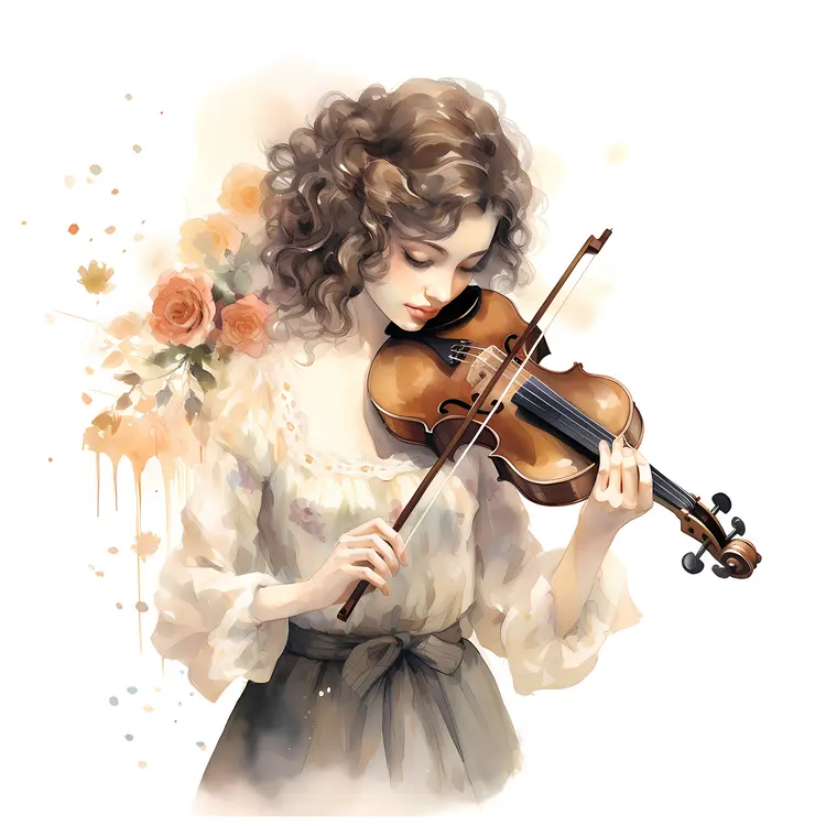 Girl Playing Violin with Floral Background