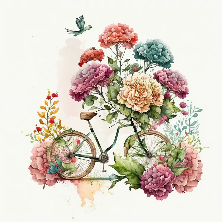 Beautiful Bicycle with Flowers in Watercolor Art