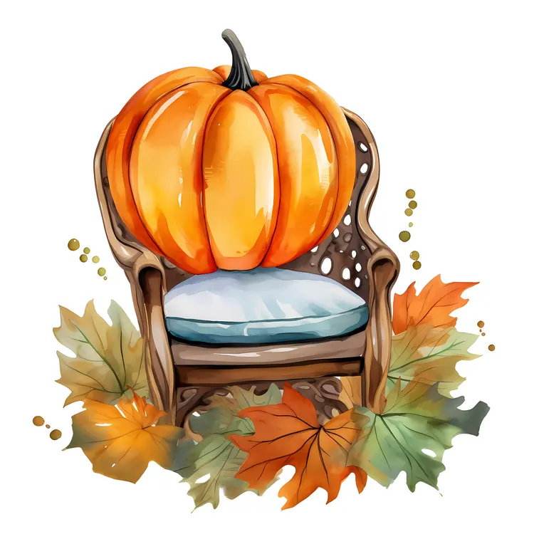 Pumpkin on Chair with Autumn Leaves for Halloween