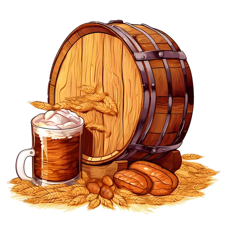 Beer Barrel with Mug and Wheat Illustration