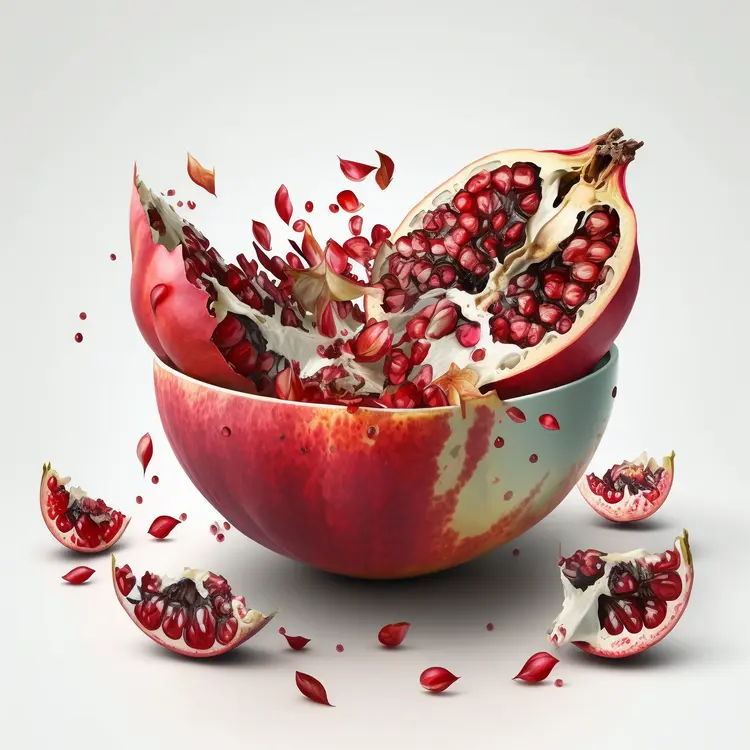 Exploding Pomegranate with Seeds in a Bowl