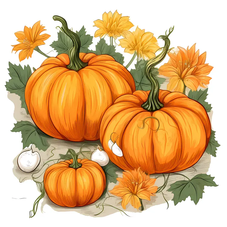 Group of Orange Pumpkins with Leaves and Flowers