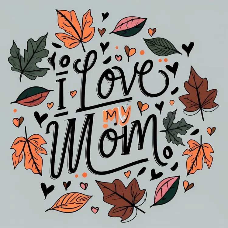 I Love My Mom Typography with Leaves and Hearts