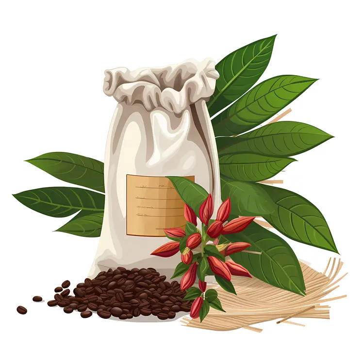 Bag of Coffee Beans with Leaves and Red Flowers