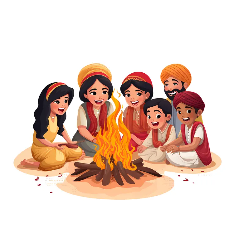 Family Celebrating Lohri Around Bonfire