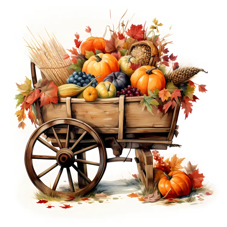 Harvest Wheelbarrow with Pumpkins and Leaves