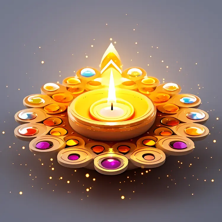 Golden Diya Lamp with Colorful Decorations