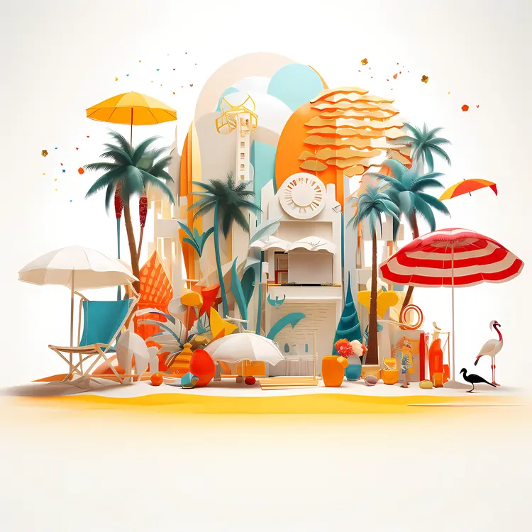 Vibrant Beach Scene with Palm Trees and Umbrellas