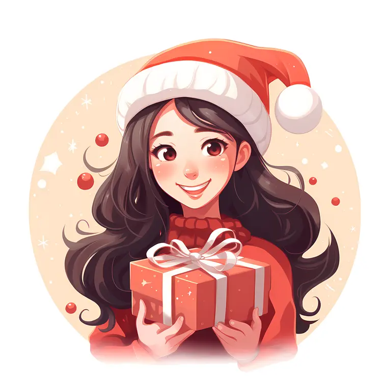 Girl Holding Gift Box with Santa Hat