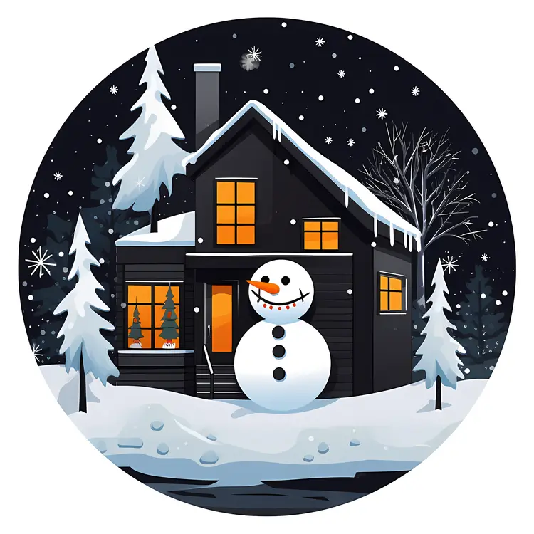 Snowman in Front of House with Snowy Night