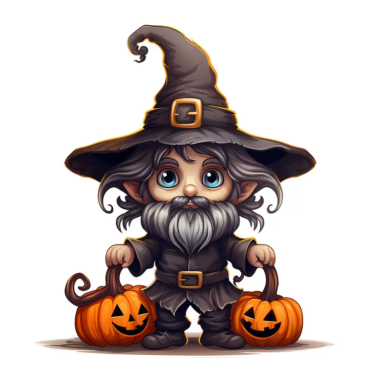 Cute Cartoon Wizard with Pumpkins