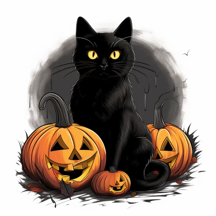Black Cat with Pumpkins for Halloween