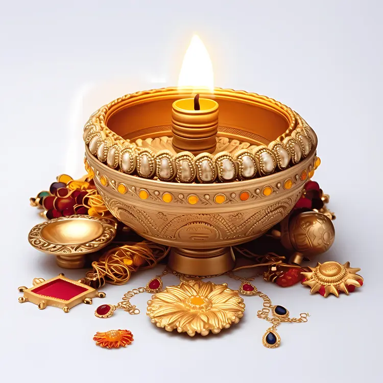Golden Diya Lamp with Decorations