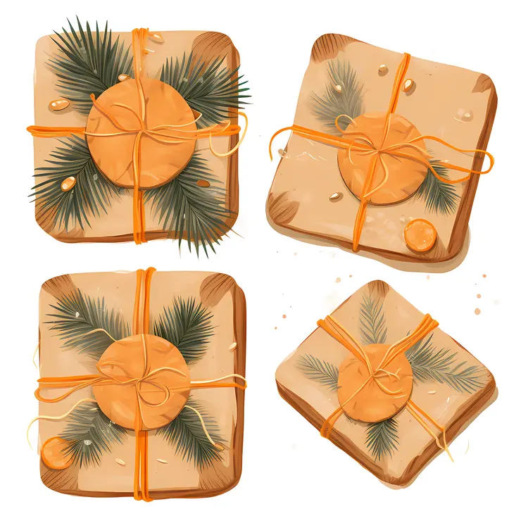 Eco-Friendly Wrapped Gifts with Pine and Orange Decorations