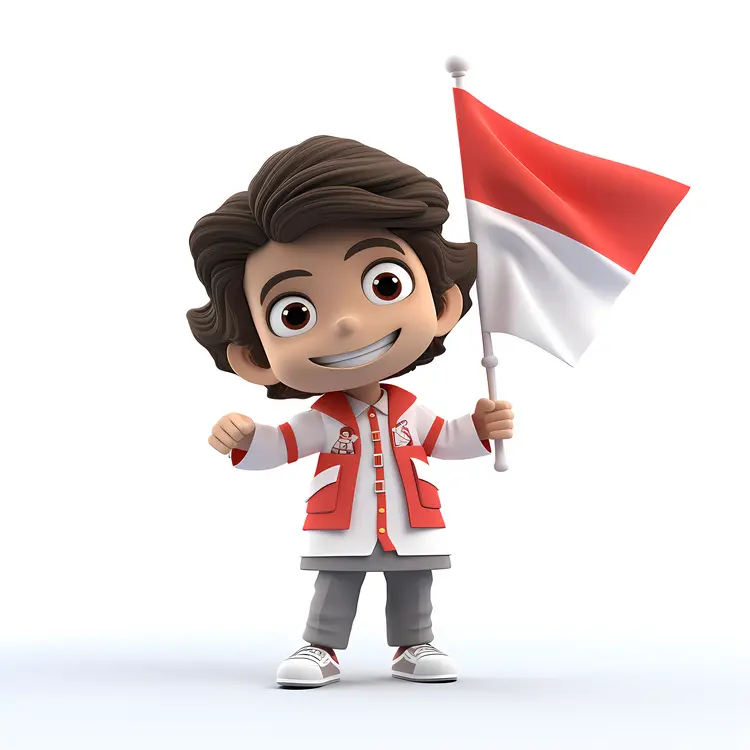 Cartoon Boy Holding Red and White Flag