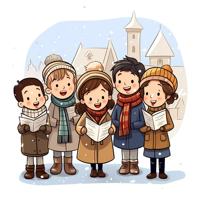 Group of Carolers Singing in Winter