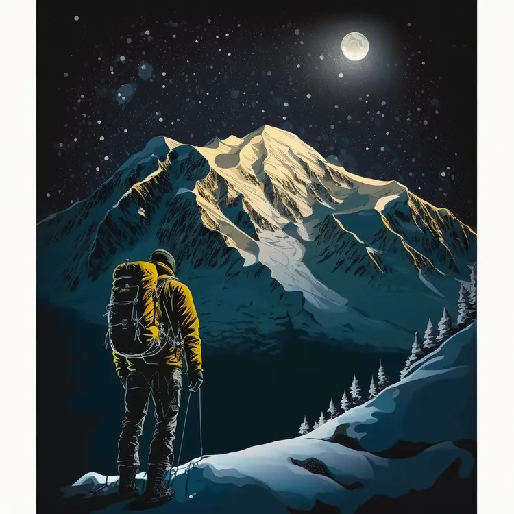 Hiker in Snowy Mountain at Night