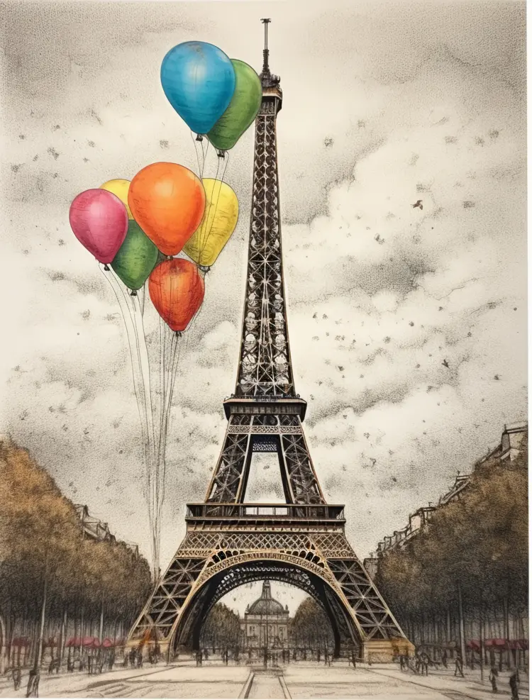 Eiffel Tower with Colorful Balloons