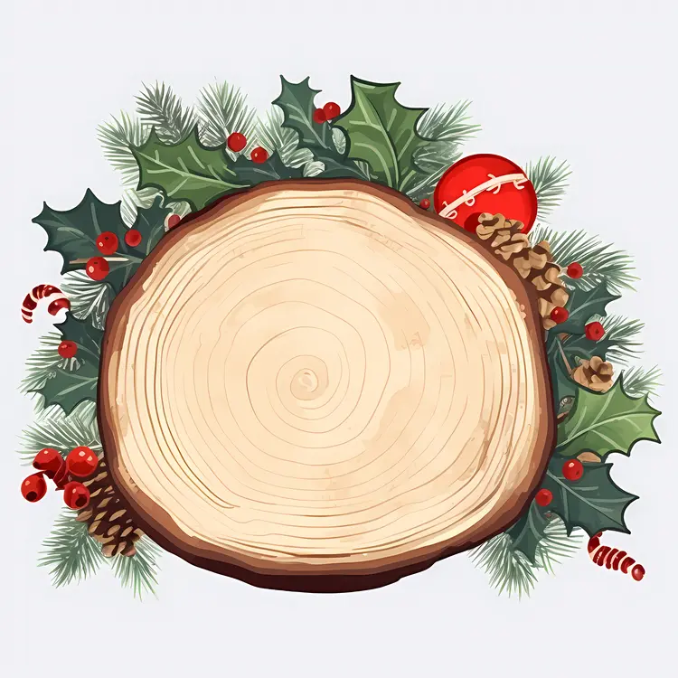 Christmas Wooden Sign with Holly and Pinecones