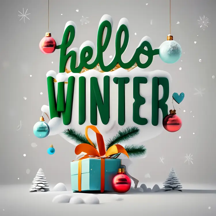 Hello Winter Text with Gift Box and Ornaments