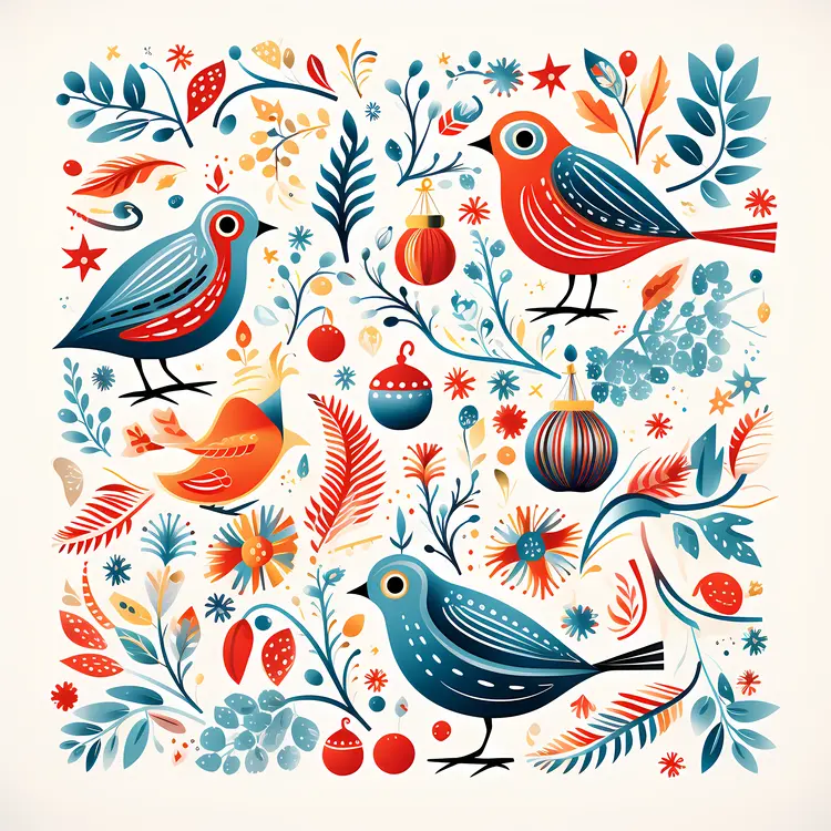 Festive Birds and Ornaments Illustration