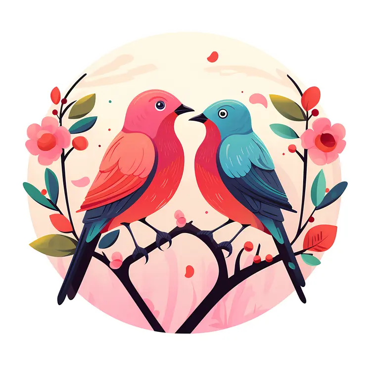 Colorful Birds on a Branch with Flowers