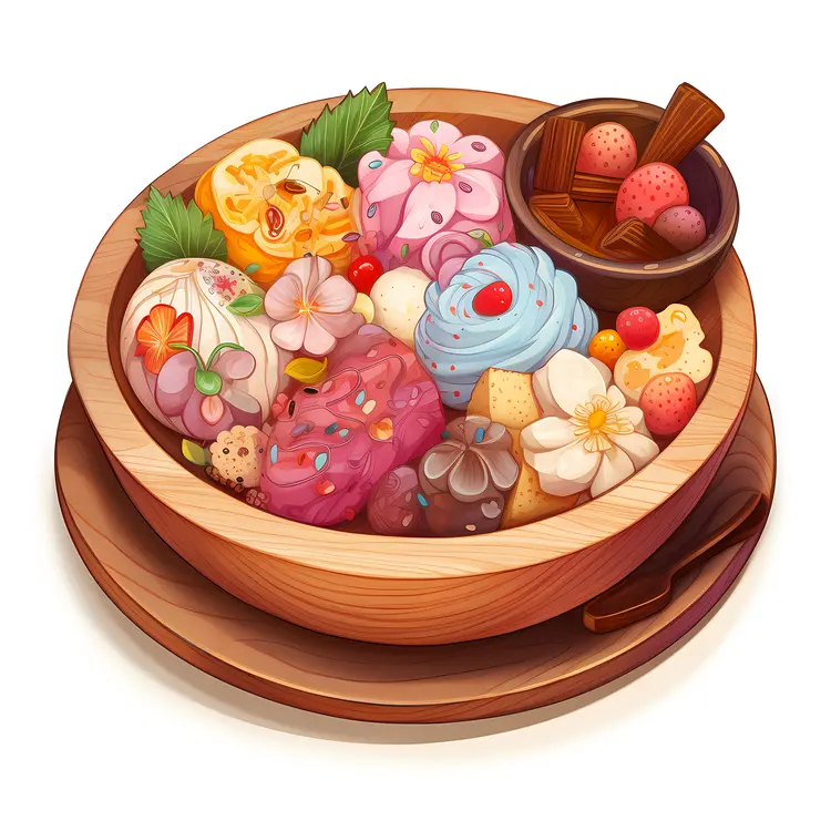 Colorful Desserts in Wooden Bowl