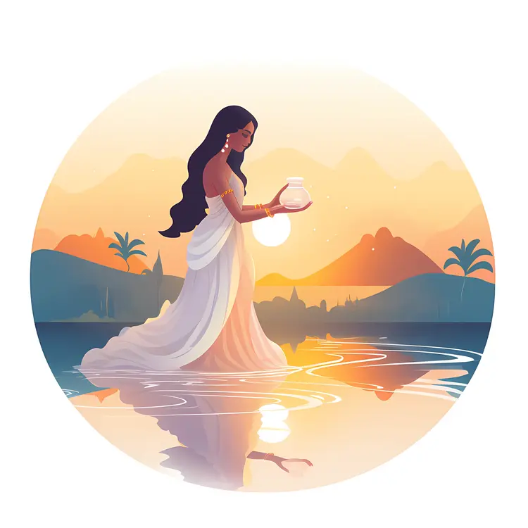 Woman Holding Jar at Sunset by the Water