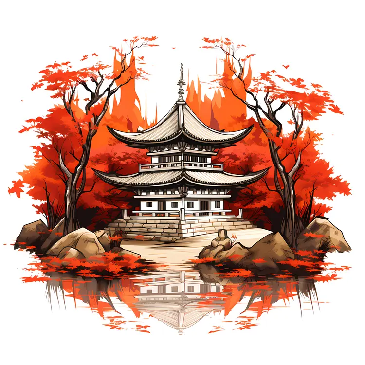 White Pagoda with Autumn Trees