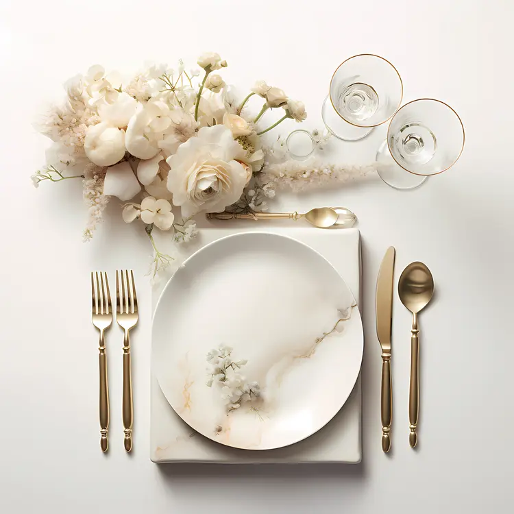 Elegant Table Setting with White Flowers and Gold Cutlery