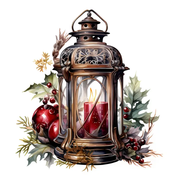 Bronze Lantern with Candle and Holly for Christmas