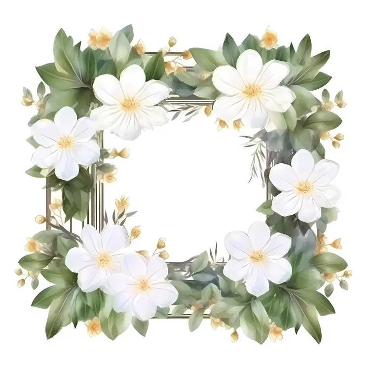 Beautiful Floral Frame with White Flowers and Green Leaves