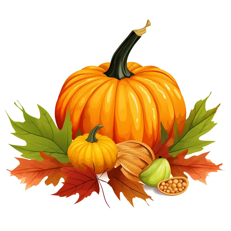 Orange Pumpkin with Autumn Leaves and Nuts
