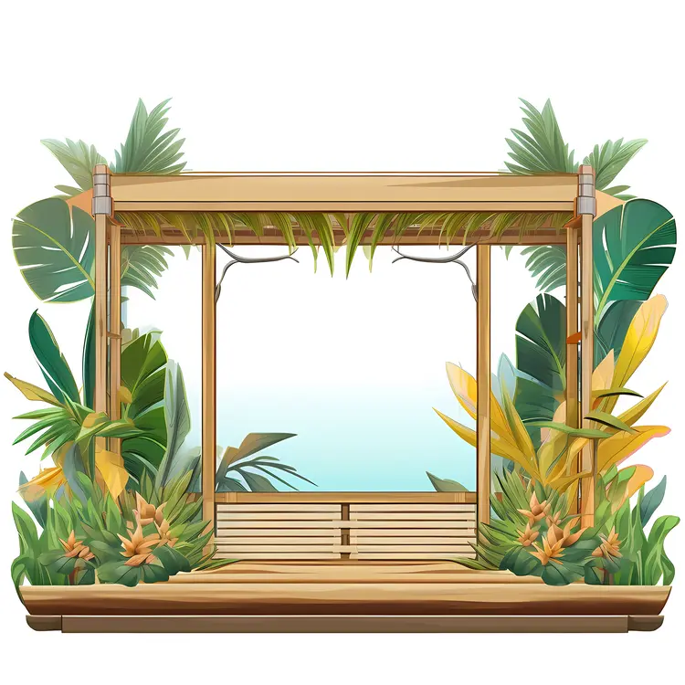 Tropical Wooden Swing with Lush Greenery