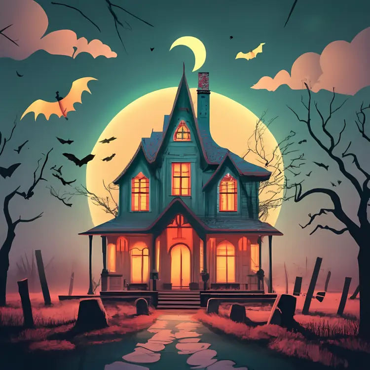 Spooky Haunted House with Bats