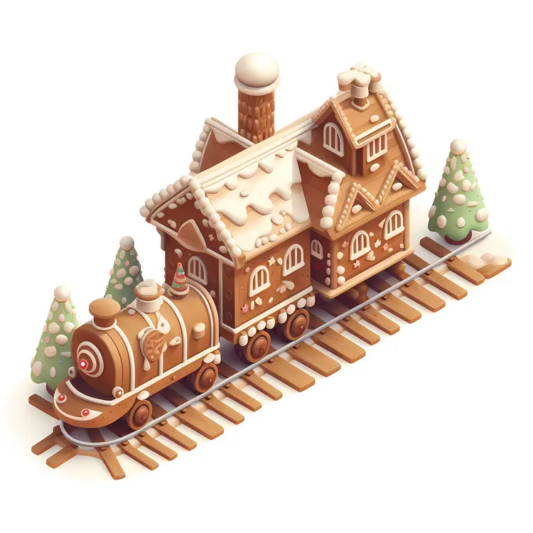 Gingerbread Train with House and Snowy Trees
