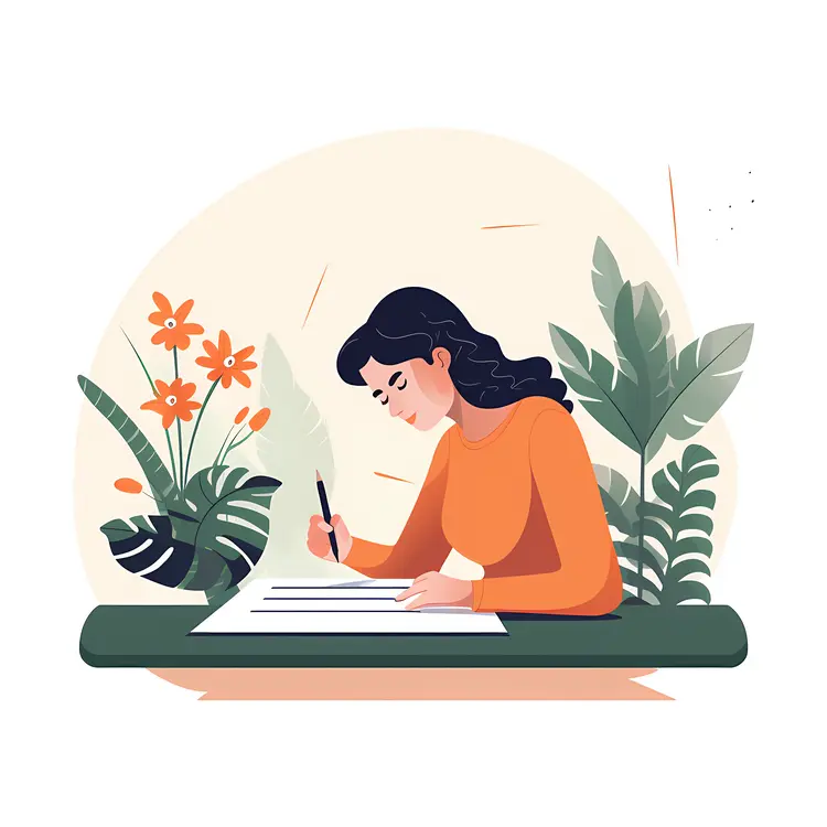 Woman Writing at Desk with Plants