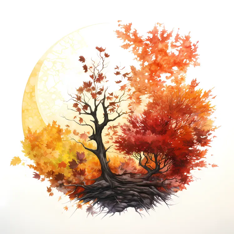 Autumn Tree with Roots and Leaves