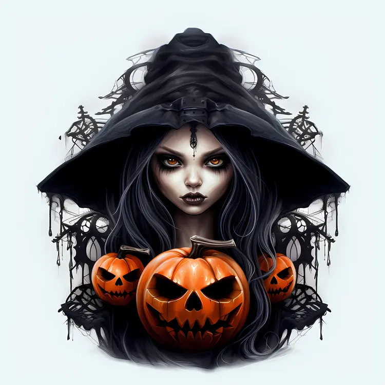 Spooky Woman with Pumpkins
