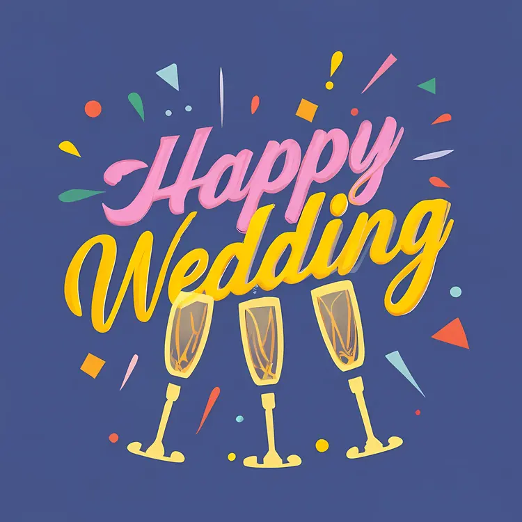 Happy Wedding Text with Champagne Glasses