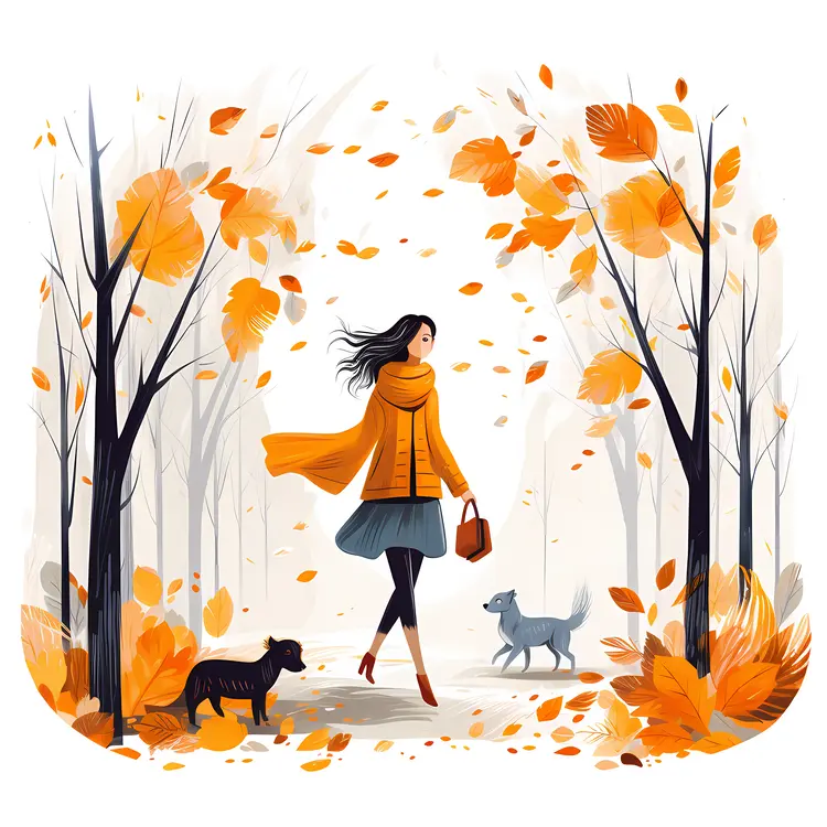 Woman Walking with Dogs in Autumn