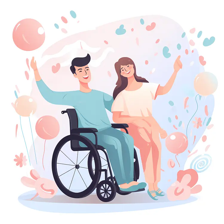 Couple with Wheelchair and Balloons Celebrating