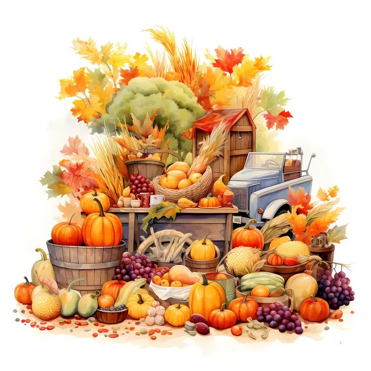 Autumn Harvest Display with Pumpkins and Grapes