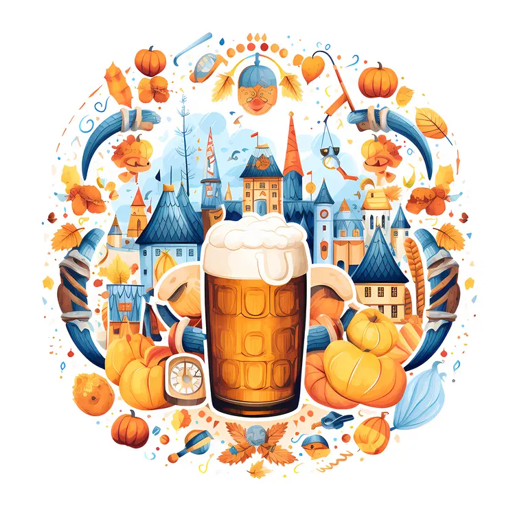 Beer Mug with Pumpkins and Village
